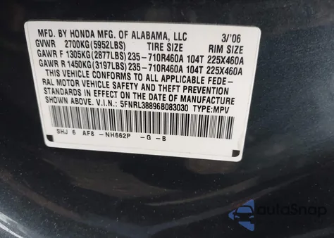 2006 Honda Odyssey Touring z USA, uszkodzony, nr VIN 5FNRL38896B083030